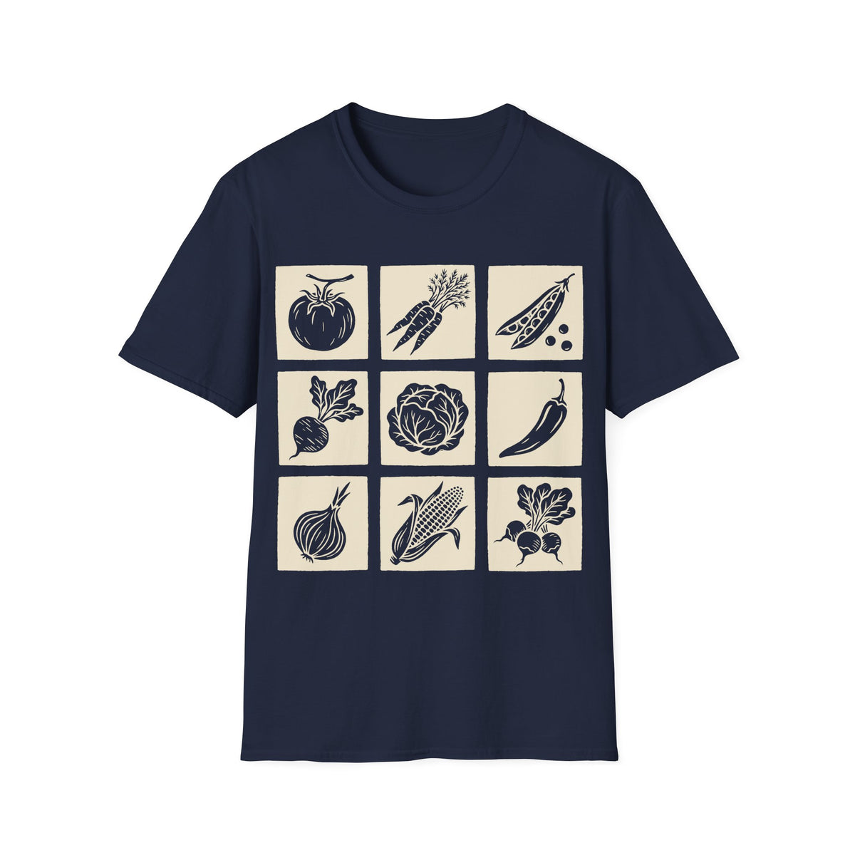 Vegetable Block Print T-Shirt in Navy